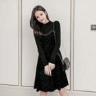 Long-sleeve Paneled Rhinestone A-line Dress