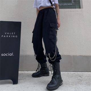 Gather-cuff Side Pocket Chain-accent Cargo Pants