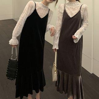 Ruffle Hem Corduroy Midi Overall Dress