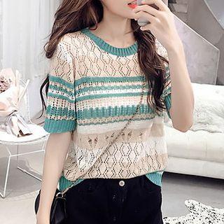 Striped Short-sleeve Pointelle Knit Top As Shown In Figure - One Size
