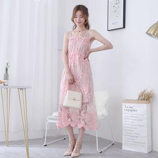 Set: Spaghetti Strap Midi Lace Dress + Spaghetti Strap Mini Dress Pink - One Size