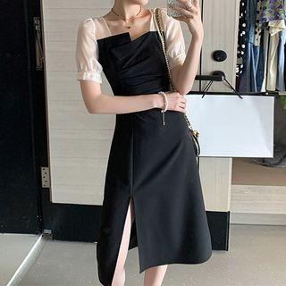 Puff-sleeve Mesh Panel Asymmetric Side-slit Plain Dress