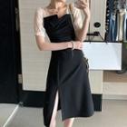 Puff-sleeve Mesh Panel Asymmetric Side-slit Plain Dress