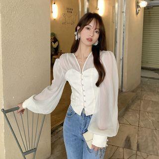Puff-sleeve Paneled Blouse Off-white - One Size