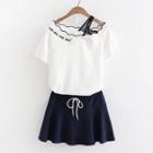 Set: Letter Embroidered Short-sleeve T-shirt + Drawstring A-line Skirt