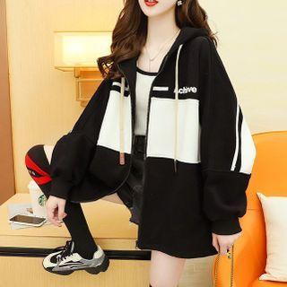 Hooded Long-sleeve Lettering Color Block Jacket