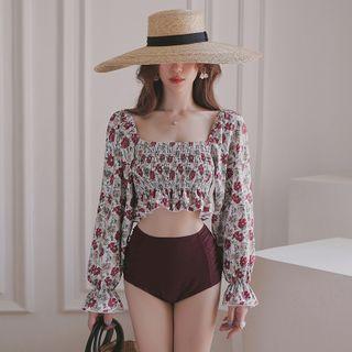 Set: Long-sleeve Floral Print Tankini Top + Bottom