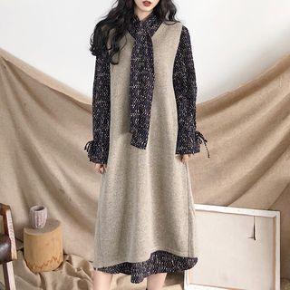 Long Knit Vest / Long-sleeve A-line Midi Dress
