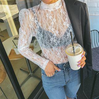 High-neck Puff-shoulder Sheer Lace Top