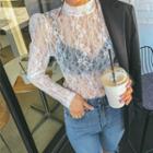 High-neck Puff-shoulder Sheer Lace Top