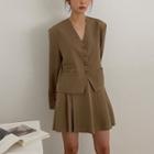 Set: Plain Blazer + Pleated Skirt Khaki - One Size