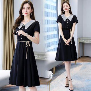 Tie-waist Collared Short-sleeve A-line Dress