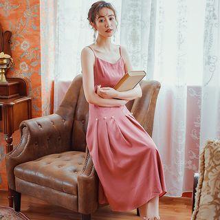Faux Pearl Strappy Midi A-line Dress