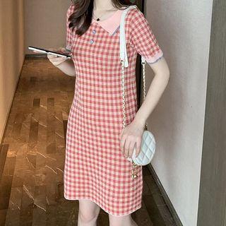 Short-sleeve Plaid Knit Polo Dress Orange - One Size
