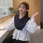 Gathered-waist Long-sleeved Tie-waist Striped Sheath V-neck Panel Blouse