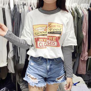 Mock Two-piece Long-sleeve Striped Paneled Printed T-shirt