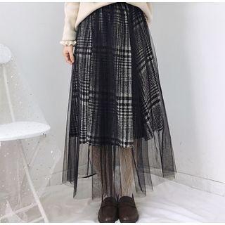 Mesh Overay Midi A-line Plaid Skirt