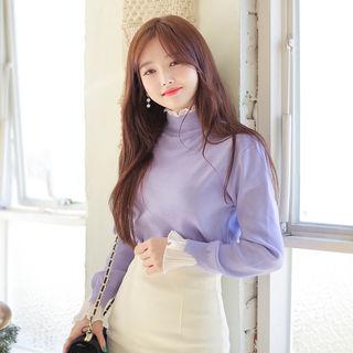 High-neck Pleated-trim Knit Top
