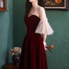 Bell-sleeve Mesh Panel A-line Evening Gown