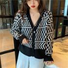 V-neck Patterned Cardigan Black & White - One Size