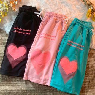 Elastic-waist Letter Heart Print Shorts