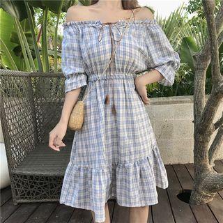 Off-shoulder Midi Plaid A-line Dress