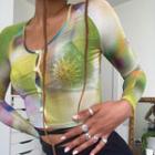 Long Sleeve Tie-dyed Button-up Crop Mesh T-shirt