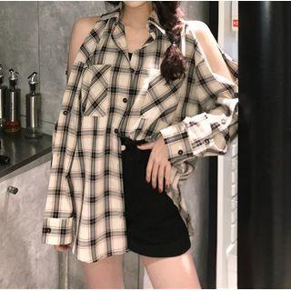 Plaid Cutout Long-sleeve Shirt Plaid - Coffee - One Size