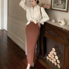 Long-sleeve Shirt / Midi Fitted Knit Skirt