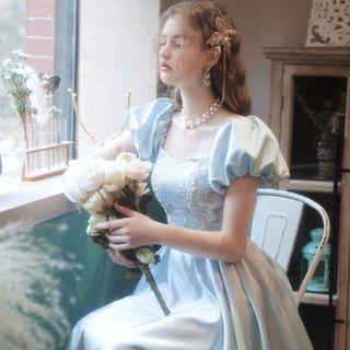 Puff-sleeve Embellished A-line Evening Gown