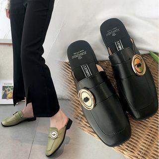 Round Buckled Chunky Heel Mules