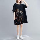 Elbow-sleeve Letter Print T-shirt Dress Black - One Size