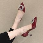 Faux Leather Embellished Buckled Pointed Kitten Heel Pumps