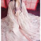 Veil / Sequined Open Front Light Jacket / Long-sleeve Chiffon Top / Flower Strapless Maxi Dress / Set