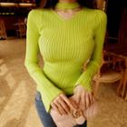 Cutaway-front Bell-sleeve Ribbed Top