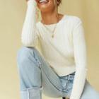 Plain Long-sleeve Cropped Knit Top Off-white - One Size
