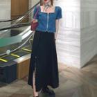 Set: Short-sleeve Denim Top + Slit Midi Skirt