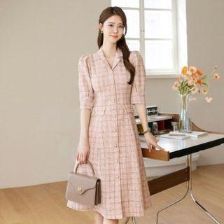 Open-placket A-line Midi Tweed Dress