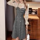 Set: Bell-sleeve Lace Top + Plaid A-line Overall Dress