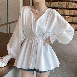 Lantern-sleeve V-neck Plain Elastic Waist Top