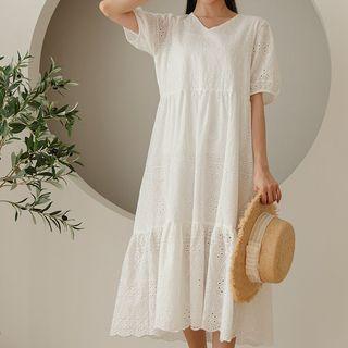 V-neck Tiered Long Eyelet-lace Dress