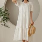 V-neck Tiered Long Eyelet-lace Dress