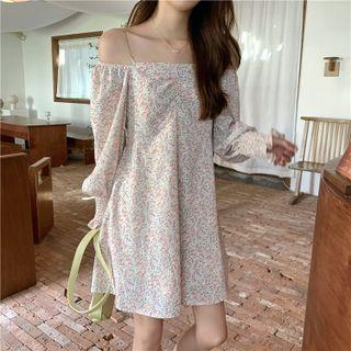 Long-sleeve Off-shoulder Chained Floral Print A-line Dress Floral - Pink & White - One Size