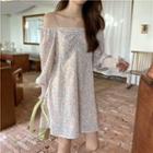 Long-sleeve Off-shoulder Chained Floral Print A-line Dress Floral - Pink & White - One Size