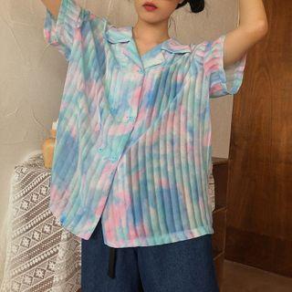 Printed Short-sleeve Blouse Blue - One Size