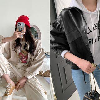 Bishop-sleeve Faux-leather Jacket