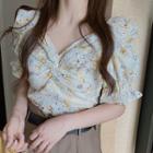 Floral Print Twisted Elbow-sleeve Blouse / Cropped Straight-cut Pants