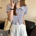 Short-sleeve Zip-up Striped Knit Top