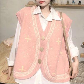 Star Print Single-breasted Sweater Vest / Plain Shirt