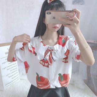 Frill-trim Printed Elbow-sleeve T-shirt As Shown In Figure - One Size